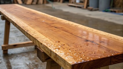 The camera focuses on a single plank showcasing the smooth glossy finish contrasted with its rough edges and natural imperfections. Drips of excess stain cling to the sides