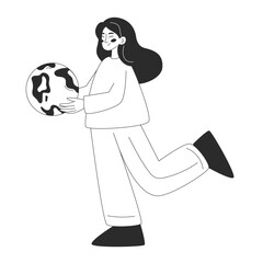 Woman character holding  Earth planet globe. Concept of environmental care or global awareness. Vector flat illustration for web or app design in outline style