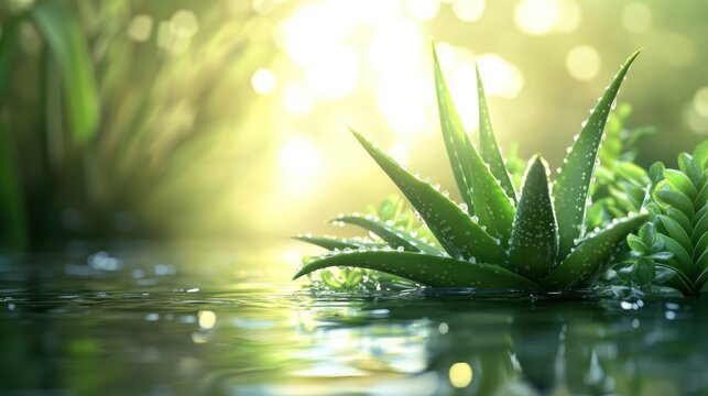 Close up shot of a green realistic plant of aloe vera and a water around it along with few cutting pieces of aleo vera with aloe vera in blured background
