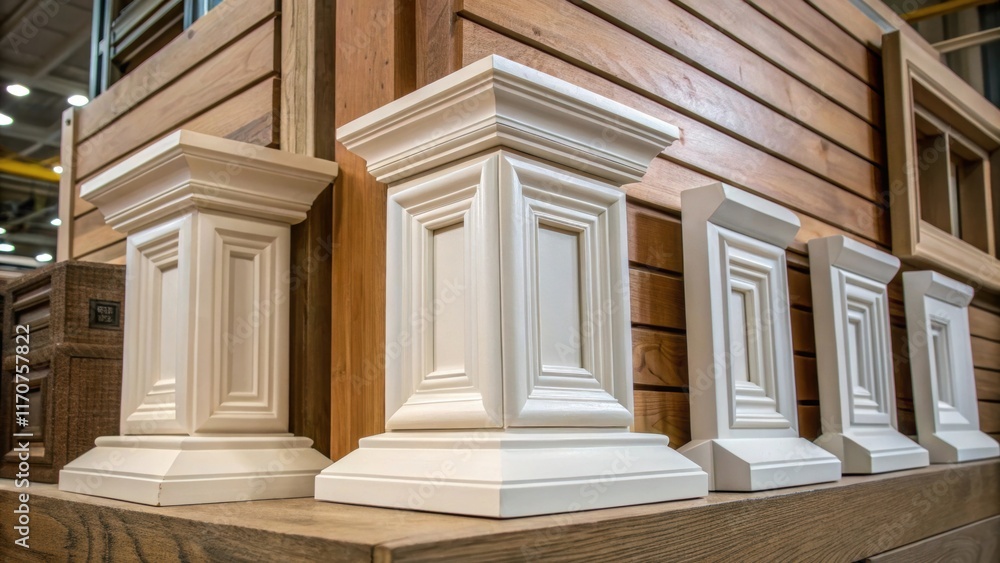 Poster The image draws attention to a collection of corner blocks designed for window trim highlighting their geometric shapes and detailed craftsmanship. Light reflects off the polished