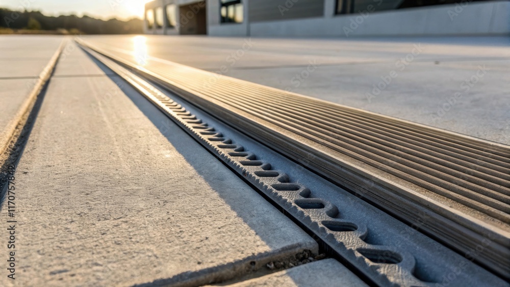 Aufkleber The image focuses on the intricate edges of the expansion joint strip displaying its contours and ridges. The sunlight highlights the materials flexibility which is essential for