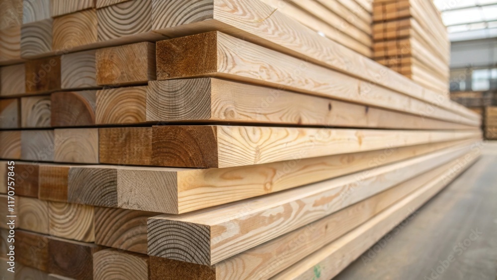 Poster The interplay of light and shadow on a stacked arrangement of crosslaminated timber panels reveals the depth of each layer. The varying grains and subtle color variations within