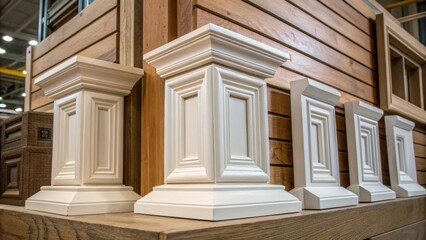 The image draws attention to a collection of corner blocks designed for window trim highlighting their geometric shapes and detailed craftsmanship. Light reflects off the polished