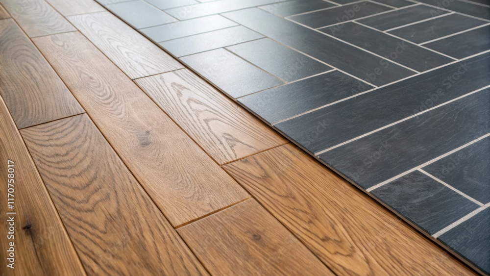 Leinwandbilder the juxtaposition of engineered wood planks against a contrasting tile or stone surface is captured 