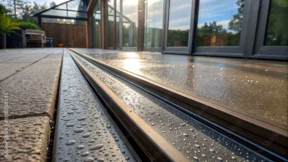 Aufkleber the suns rays glint off the newly polished sliding glass door tracks with droplets of water from a r