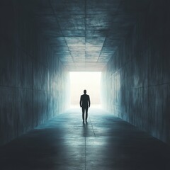 Obraz premium A man walks through a tunnel with a light shining on him