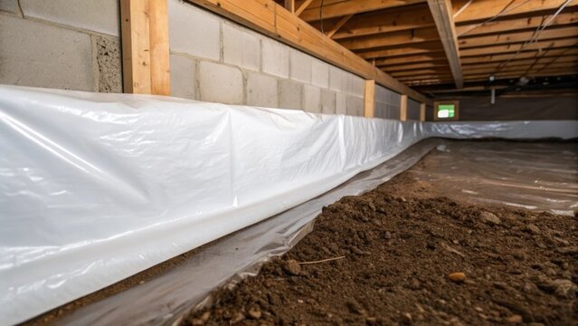 The vapor barrier is p next to an opening in the crawl space where damp earth is visible underscoring its importance in creating a protective barrier against moisture intrusion