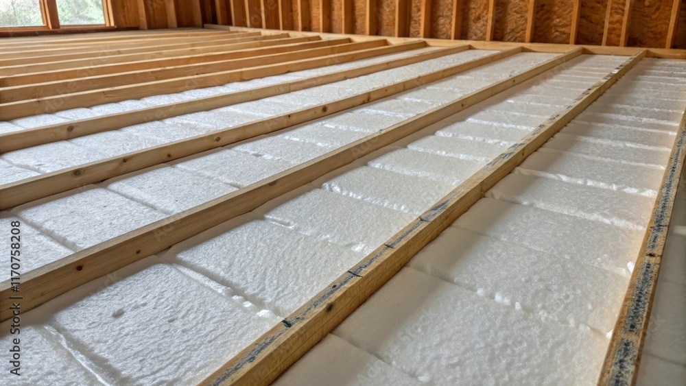 Aufkleber This image emphasizes the clean lines of newly installed foam insulation panels presenting a side view that reveals the depth between the joists. The surface of the foam reflects