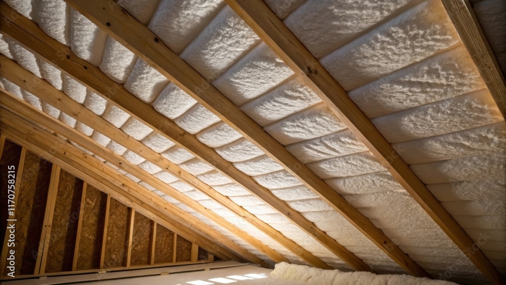 Aufkleber This image portrays a freshly insulated roof cavity from a unique angle emphasizing the interplay between the soft foam and the rigid wooden structure. The light filtering through