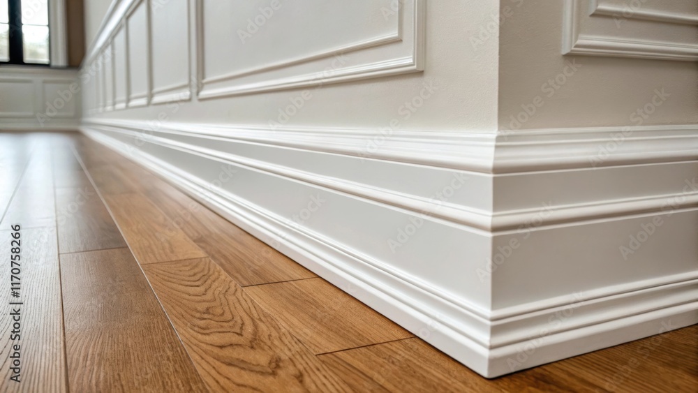 Poster this image focuses on the baseboards alongside the newly installed engineered hardwood illustrating 