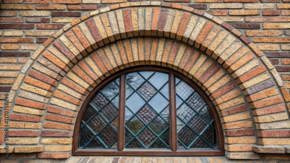 Poster This image focuses on the intricate details of a decorative brick pattern that encircles a window. The pattern consisting of elongated bricks forming arcs and diamonds showcases a