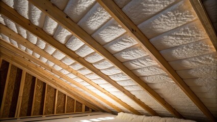 Obraz premium This image portrays a freshly insulated roof cavity from a unique angle emphasizing the interplay between the soft foam and the rigid wooden structure. The light filtering through