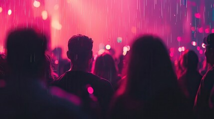 A futuristic concert featuring a holographic performer surrounded by glowing visual effects. Fans wave illuminated AR devices in sync with the music, creating a vibrant and immersive experience 