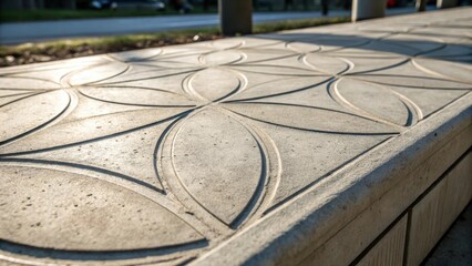 Up close the etched grooves of the concrete slab reveal a harmonious dance of light and shadow accentuating the delicate curves and sharp angles. The surface is slightly worn