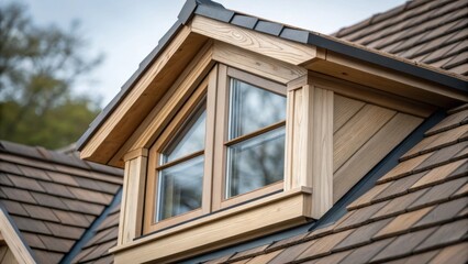 Zooming into a solitary dormer window frame the fine craftsmanship comes to life with intricate joints showcasing expert joinery. The background reveals the strength of the robust