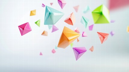 Abstract 3D Rendering of Colorful Glossy Triangular Shapes Floating in White Space Modern Geometric Design for Backgrounds and Presentations