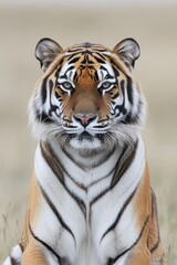 Obraz premium A close-up portrait of a tiger, showcasing its striking features and majestic appearance.