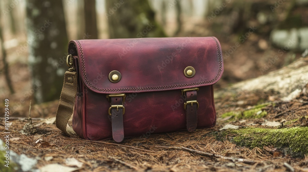 Poster rustic leather bag resting on forest floor surrounded by moss and trees during golden hour light. ge