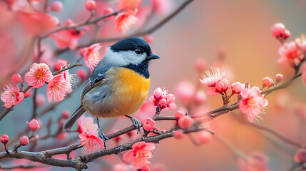 Obraz premium Bird is perched on a branch of a pink flower. The bird is surrounded by snow, which gives the image a wintery feel