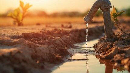 Water scarcity concept, environmental awareness, global sustainability, ecological issues, resource management, campaign design.Metal faucet dripping water on dry cracked earth with plants in the bac
