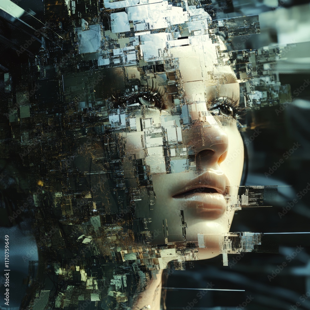 Aufkleber surreal digital representation of fragmented human features in abstract information journey