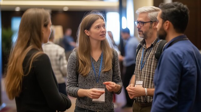 networking session at a medical conference, with attendees exchanging ideas and contact information in a casual setting