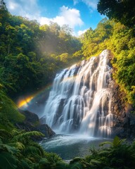 Fototapeta premium Majestic Waterfall in Lush Tropical Rainforest with Rainbow and Sunbeams - Stunning Nature Photography