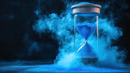 An hourglass filled with vibrant blue powder, with wisps of smoke swirling around it, creating a surreal and mystical atmosphere