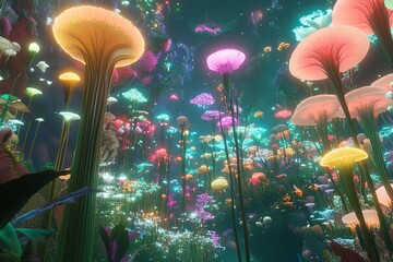 Vibrant, bioluminescent mushrooms illuminate a surreal underwater fantasy forest.  Ethereal glow, magical scene.