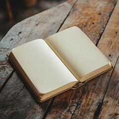 Fototapeta premium Open Blank Notebook on Rustic Wooden Table - Vintage Aesthetic, Journaling, Writing, Mockup