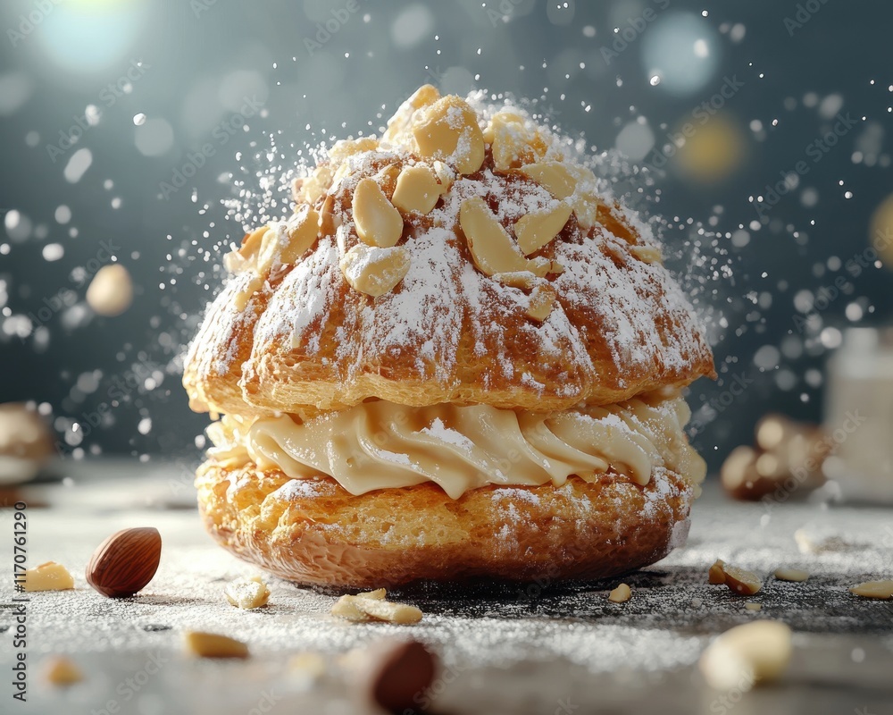 Poster delicious cream puff dessert with powdered sugar and chopped nuts, creating an inviting gourmet trea
