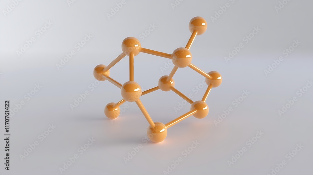 Poster a 3d model of a molecular structure with orange spheres and connecting rods.