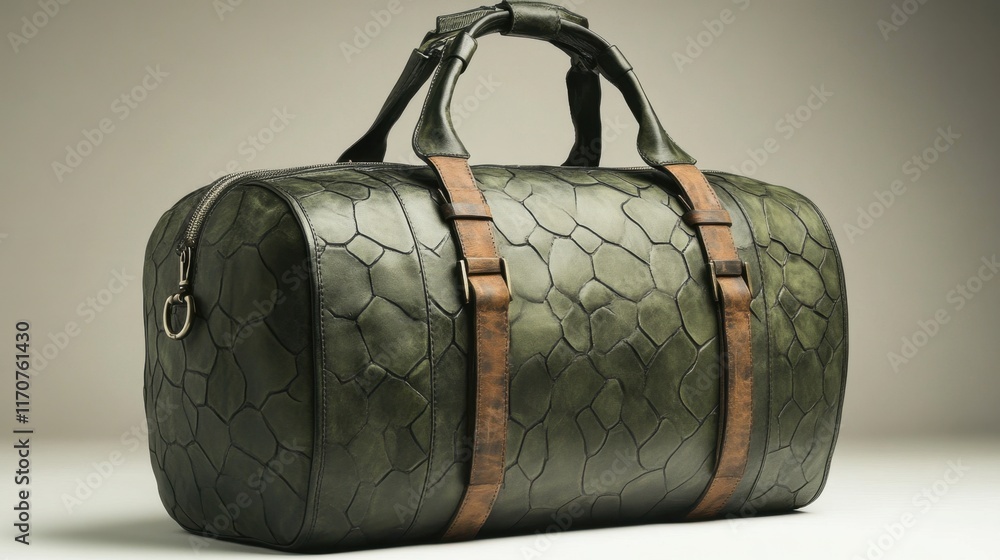 Poster stylish leather duffel bag with unique texture displayed on a neutral background highlighting crafts