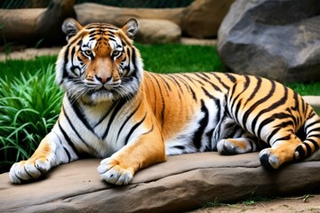 Obraz premium there is a tiger that is laying down on a log