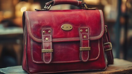 Stylish red leather bag displayed in a cozy shop setting, showcasing craftsmanship and vintage charm with warm lighting. Generative AI