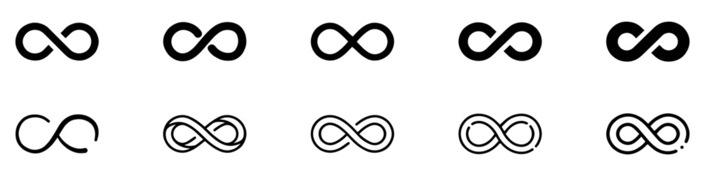 Infinity shape icon. Infinity symbols. Set of infinity icons. Symbols of endless, unlimited, eternal. Vector illustration. EPS 10