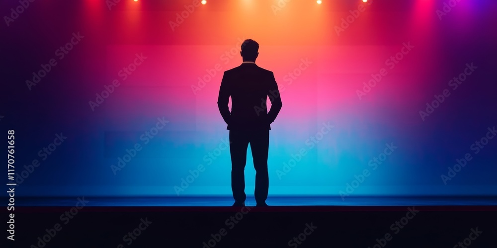Poster a man stands on a stage in front of a colorful backdrop