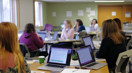 online course environment with multiple participants attending a virtual seminar, each engaged with their laptops and asking questions in a chat
