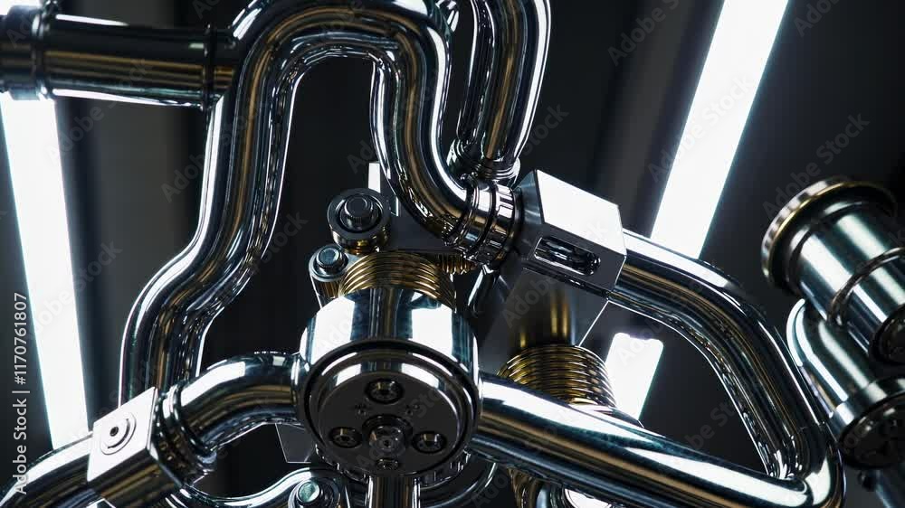 Poster exploring intricate metallic piping in a modern industrial setting with advanced engineering and des