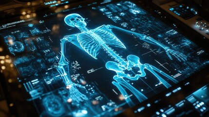 Futuristic Medical Display Showing a Glowing Skeleton with Data Analysis