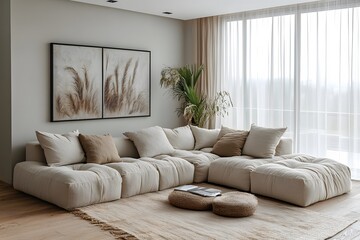 Fototapeta premium Modern Living Room Neutral Decor With Sectional Sofa