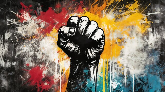 Empowerment, civil rights, protest symbol, equality movement, social justice campaign, activism poster.Symbol of unity. Equality. Social justice.Black and white raised fist on colorful splattered 



