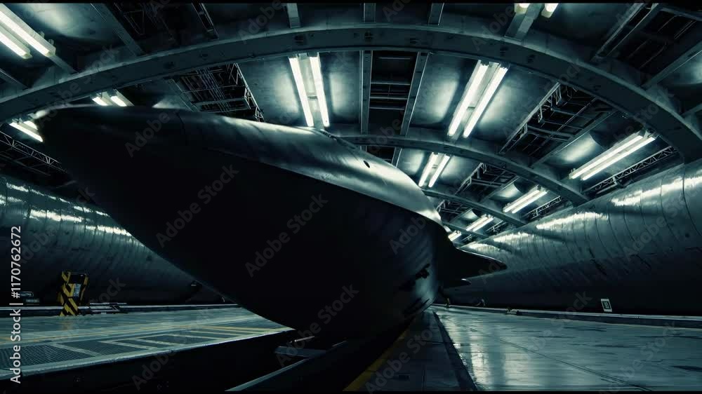 Poster futuristic spacecraft inside a high-tech facility showcasing advanced technology and design