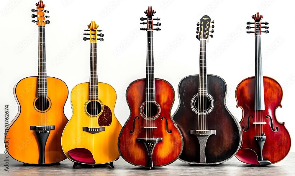 Poster a collection of various string instruments displayed together.