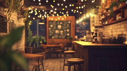 Cozy and Romantic Nighttime Coffee Shop Interior Warm Lighting, Wooden Furnishings, and Lush Greenery