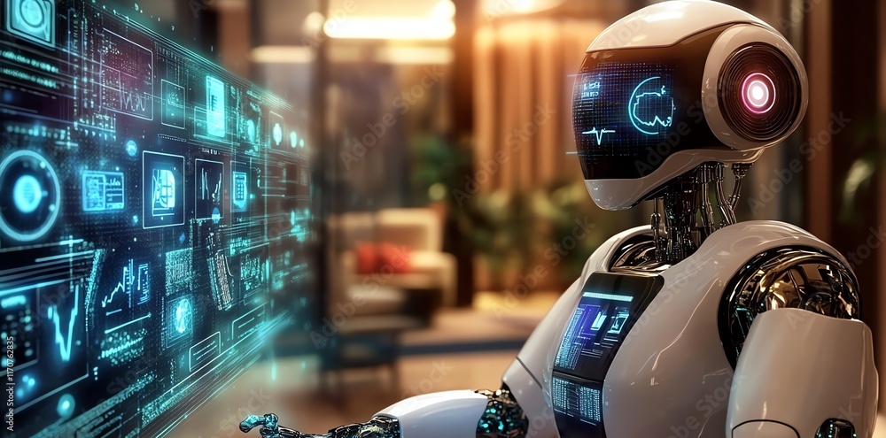 Poster futuristic robot interacting with holographic data interface