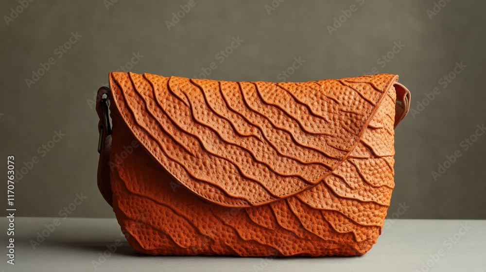 Poster unique orange handbag showcasing an artistic design with textured waves placed stylishly on a minima