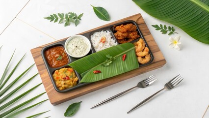 Modern Banana Leaf Platter with Indian Cuisine