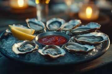 Fototapeta premium A gourmet platter of fresh oysters served on ice with lemon wedges and tangy sauce.