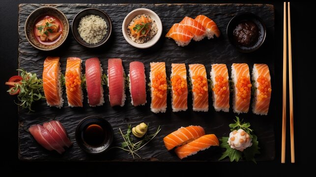 Sushi board presentation, Japanese flavors, gourmet dining, culinary excellence, sushi platters.Sushi and rolls on a black board with condiments and wasabi. Japanese culinary perfection. Savory bites.